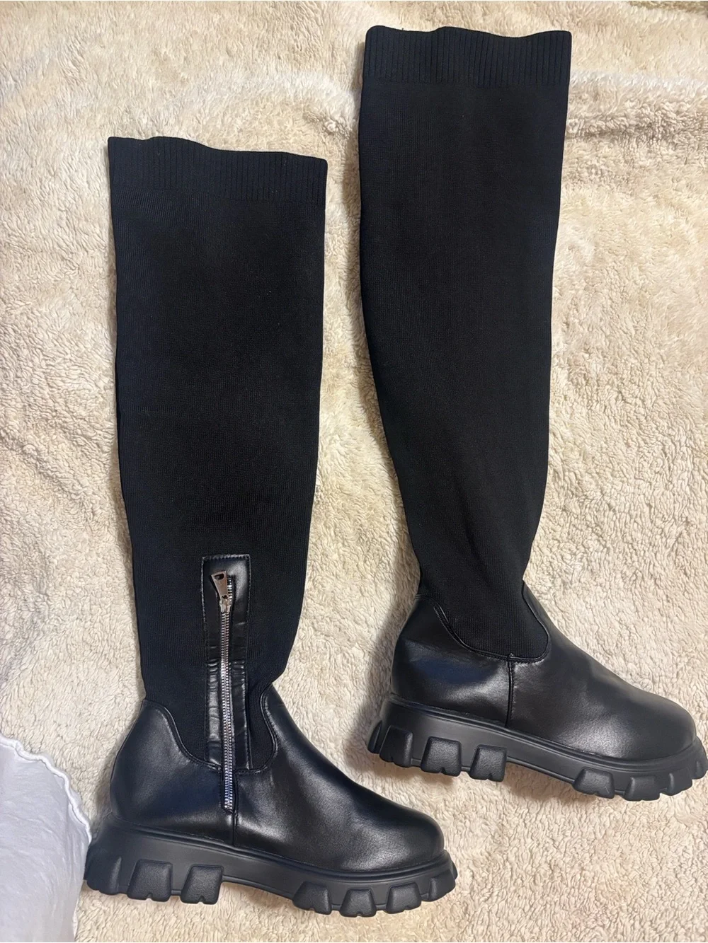 Black Over-the-Knee Ribbed Sock Boots